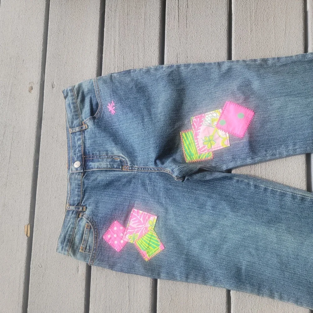 RARE Lilly Pulitzer Little Girl's Fabric Patchwork Embroidered Jeans 14 EUC
